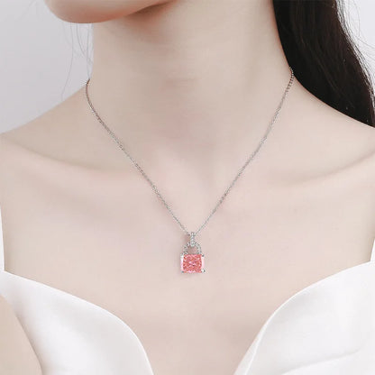 925 Sterling Silver Elegant Fashion High Carbon Diamond Ice Flower Cut Small Lock Pendant Necklace Daily Versatile