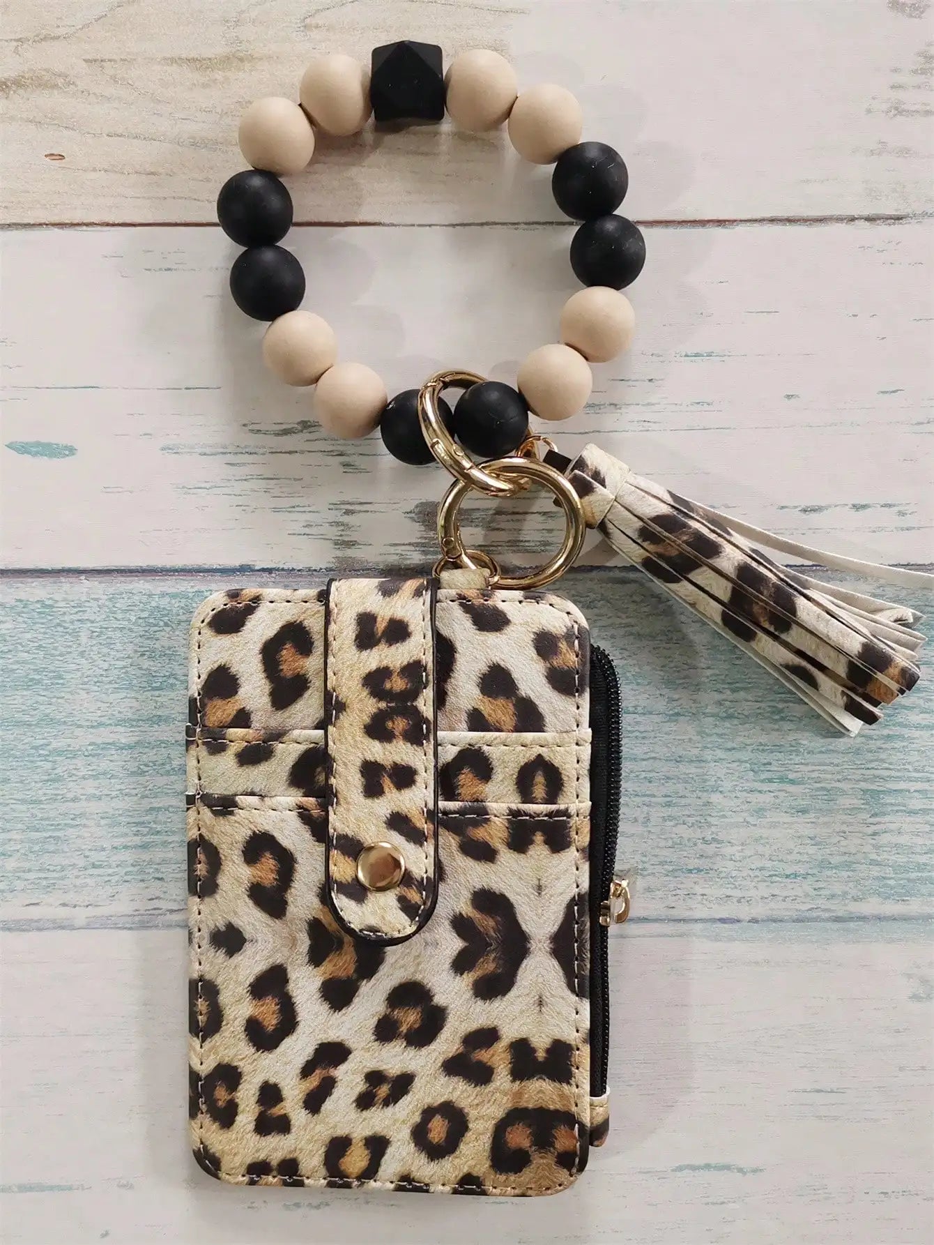 Leopard Print PU Card Holder Wallet with Silicone Beaded Wristlet Keychain, Multi Card Slots Zipper Coin Purse with Tassel Charm for Women Daily Carry
