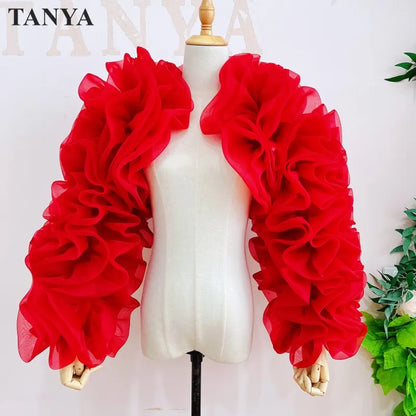 Puff Black Tulle Long Sleeves Jacket Girls Exaggerated Bolero Coat Dark Red Matching Evening Dress Women Formal Elegant Wrap