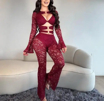 Two Piece Set Women Outfit 2026 Spring New Solid Color Buckle Splicing Lace Long Sleeve Top & High Waist Casual Flare Pants Set