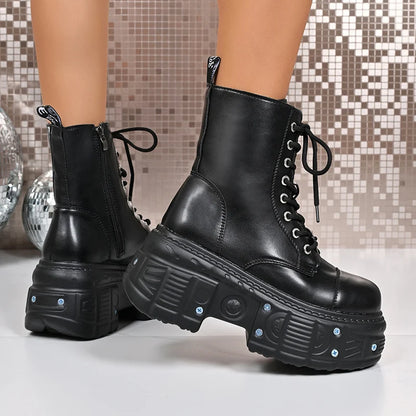 Chunky Platform Punk Ankle Boots Women Thick Bottom Metal Rivet Combat Booties Woman Autumn Winter Black PU Leather Botas Mujer