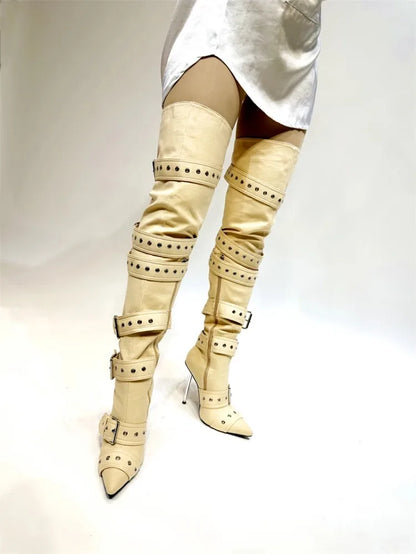 New Women Denim Metal Rivet Buckle Sandals Women Sexy Punk Style Pointed Hollow Metal 11cm High Heel Knee High Boots Size34-43