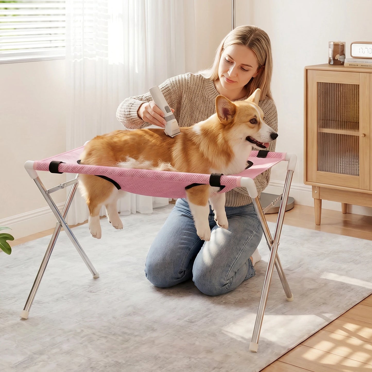 Breathable Pet Grooming Hammock Stand Foldable Dog Cat Nail Clipping Restraint Stainless Steel Care Table for Home Grooming Use