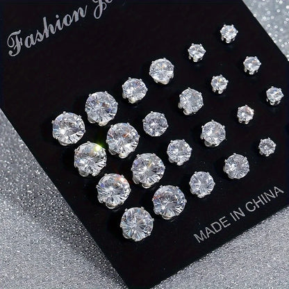 12 Pairs Of Stud Earrings Set Inlaid Round Zircon Elegant Ear Piercing Jewelry Decoration Party Favors for Men Women Daily Wear
