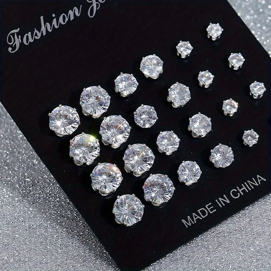 12 Pairs Of Stud Earrings Set Inlaid Round Zircon Elegant Ear Piercing Jewelry Decoration Party Favors for Men Women Daily Wear