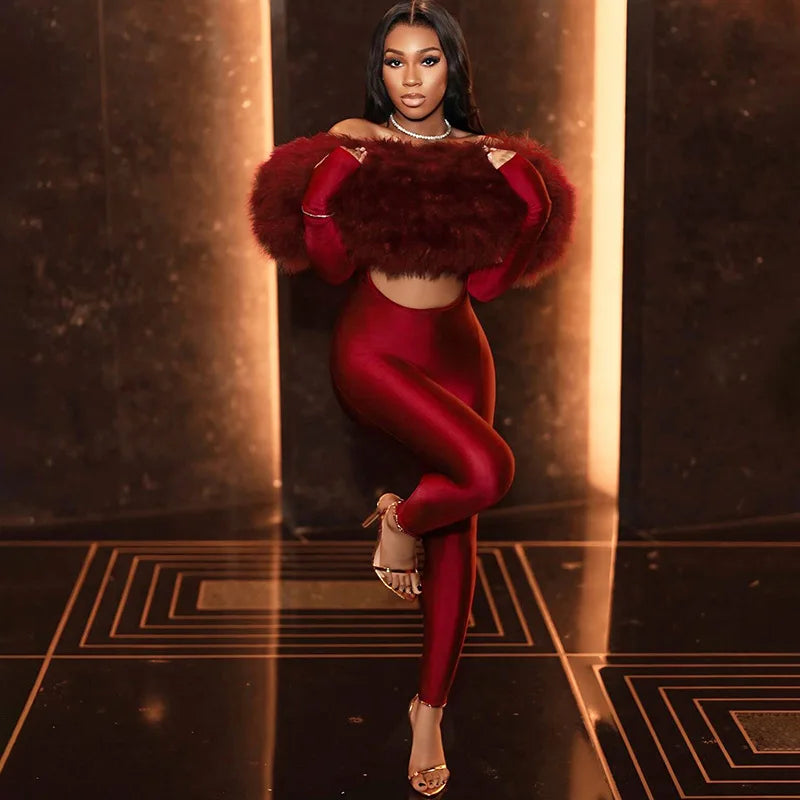 Luxury Faux Fur Patchwork Shiny Jumpsuits Women Fashion Sexy Hollow Out Furry Off Shoulder Long Sleeve Backless Party Overalls
