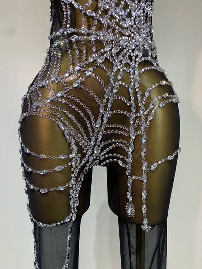 STOCK Sparkly Diamond Women Sexy Mesh Jumpsuit Nightclub Bar Party Show Gogo Dancer Clothing Drag Queen Outfit Stage Costume