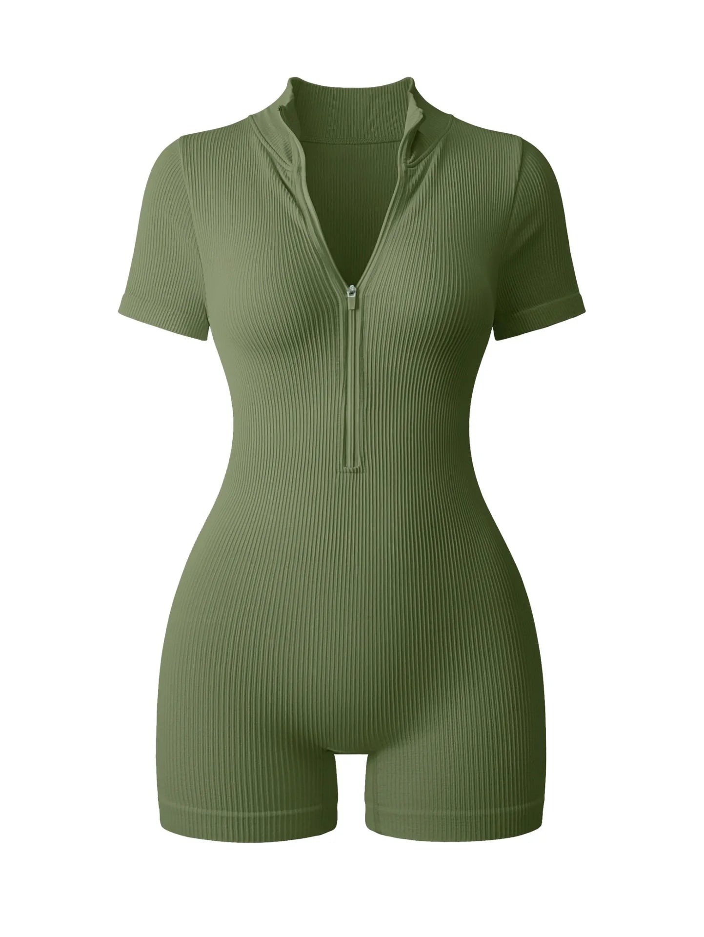 Women's Slimming Textured Short Sleeve Zip Front Athletic Yoga Bodysuit for Fitness Bodybuilding Hip Lifting One Piece