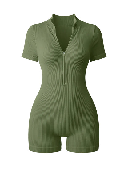 Women's Slimming Textured Short Sleeve Zip Front Athletic Yoga Bodysuit for Fitness Bodybuilding Hip Lifting One Piece