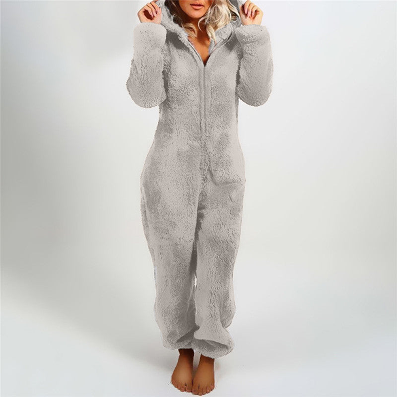 Women Winter Warm Plush Romper Pajamas Solid Color Long-Sleeve Zipper High Neck Hooded Homewear S/M/L/XL/2XL
