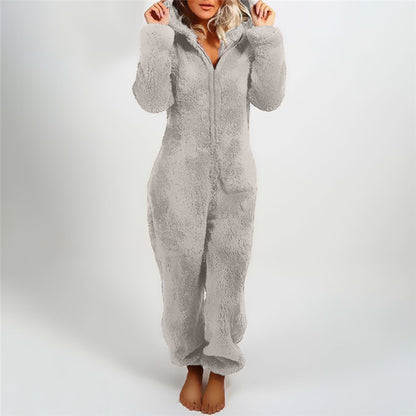 Women Winter Warm Plush Romper Pajamas Solid Color Long-Sleeve Zipper High Neck Hooded Homewear S/M/L/XL/2XL