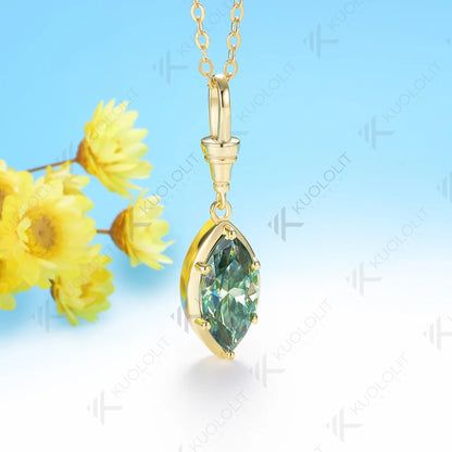 Kuololit 2CT Cyan Moissanite Marquise Necklace for Women14K 10K 925Sliver Yellow Gold Pendant with Chain for Party Classic Gift