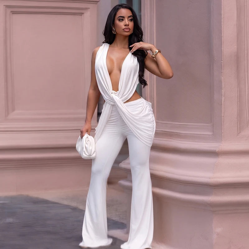 Sexy hot girl solid color layered hanging feeling low neck sleeveless jumpsuit pants