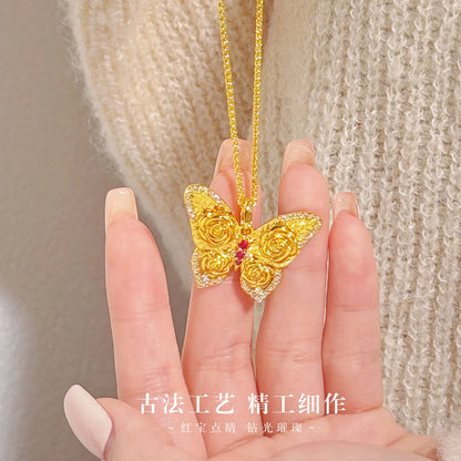 luxury real gold jewelry 24k certifid sparkling crushed ice rose butterfly pendant women's 999 pure gold dot diamond necklace