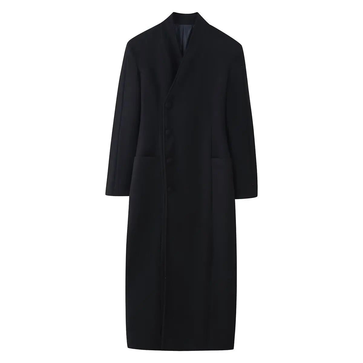 HH Woman Winter Fashion Single-breasted Long Sleeves Waist Long Coat Female Stand-up Collar Pockets Warm Solid Woolen Coat