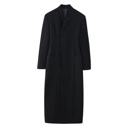 HH Woman Winter Fashion Single-breasted Long Sleeves Waist Long Coat Female Stand-up Collar Pockets Warm Solid Woolen Coat