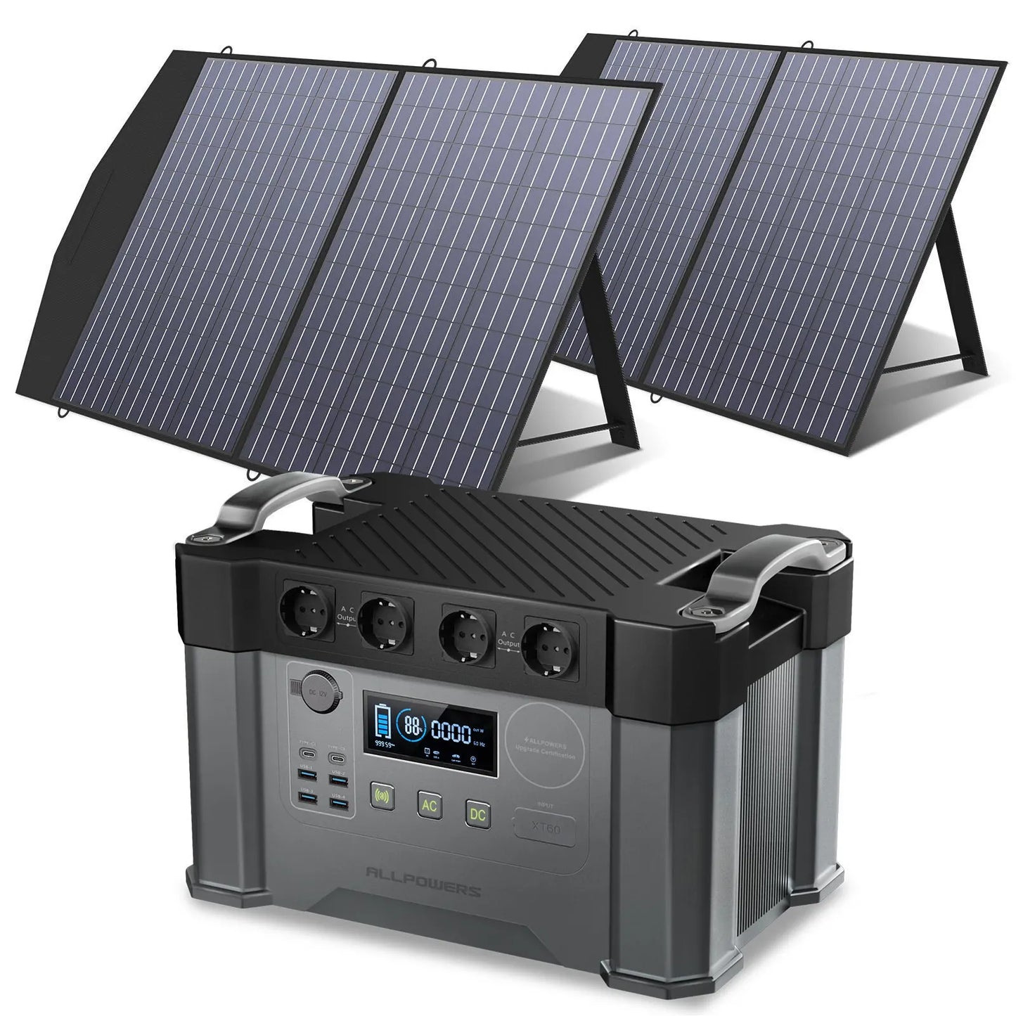 ALLPOWERS Solar Generator 2400W Battery Charger,110V/230V Pure Sine Wave AC Outlet With 2×100W Portable Solar Panel For Outdoors