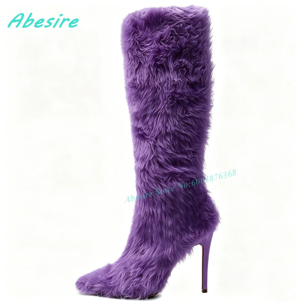 White Faux Fluffy Fur Knee High Boots Pointed Toe Stiletto Heels Side Zipper Women's Boots Spicy Girls Fashion Show Winter Shoes