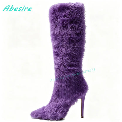 White Faux Fluffy Fur Knee High Boots Pointed Toe Stiletto Heels Side Zipper Women's Boots Spicy Girls Fashion Show Winter Shoes
