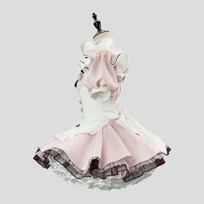 Pink Sweet Maid Lolita Full Set Ruffle Mini Dress With Apron Bow Headpiece Cosplay Costume For Halloween Party