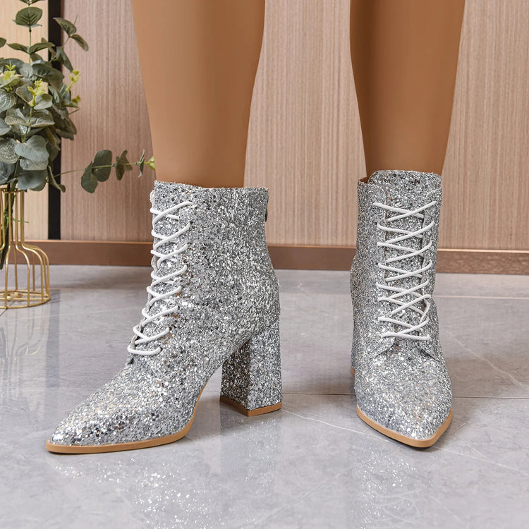 Elegant Women Ankle Boots Winter Lace Up Comfortable Fashion Mid Calf Boots Women Large Size Sexy Luxury High Heels Shoes Women