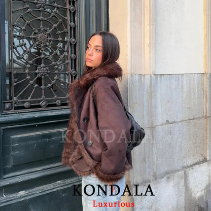 KONDALA Casual Chic Chocolate Brown Leather Fur Coat Women Double Wear Buttons Pockets Jacket Fashion 2025 Autumn Winter Outwear