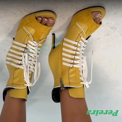 Yellow Peep Toe Lace Up Ankle Boots White Contrast Strap Side Zipper Stiletto High Heel Booties for Women Patchwork Shoes Sexy
