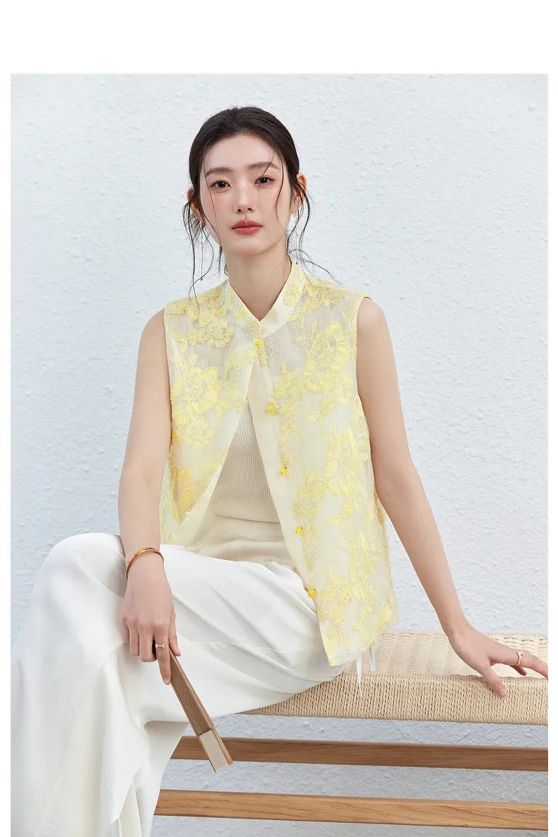 VIMLY Women's Vest 2026 Summer Casual Yellow Floral Embroidery Stand Collar New Chinese Style Sleeveless Jacket Ladies A5251