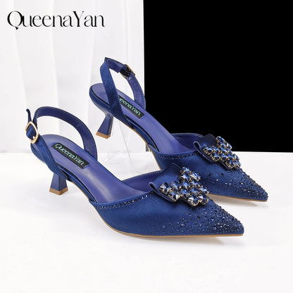 QueenaYan Elegant Navy Blue Handbag and Medium Heel Shoes Set with Beautiful Handmade Metal Decoration for Weddings and Parties