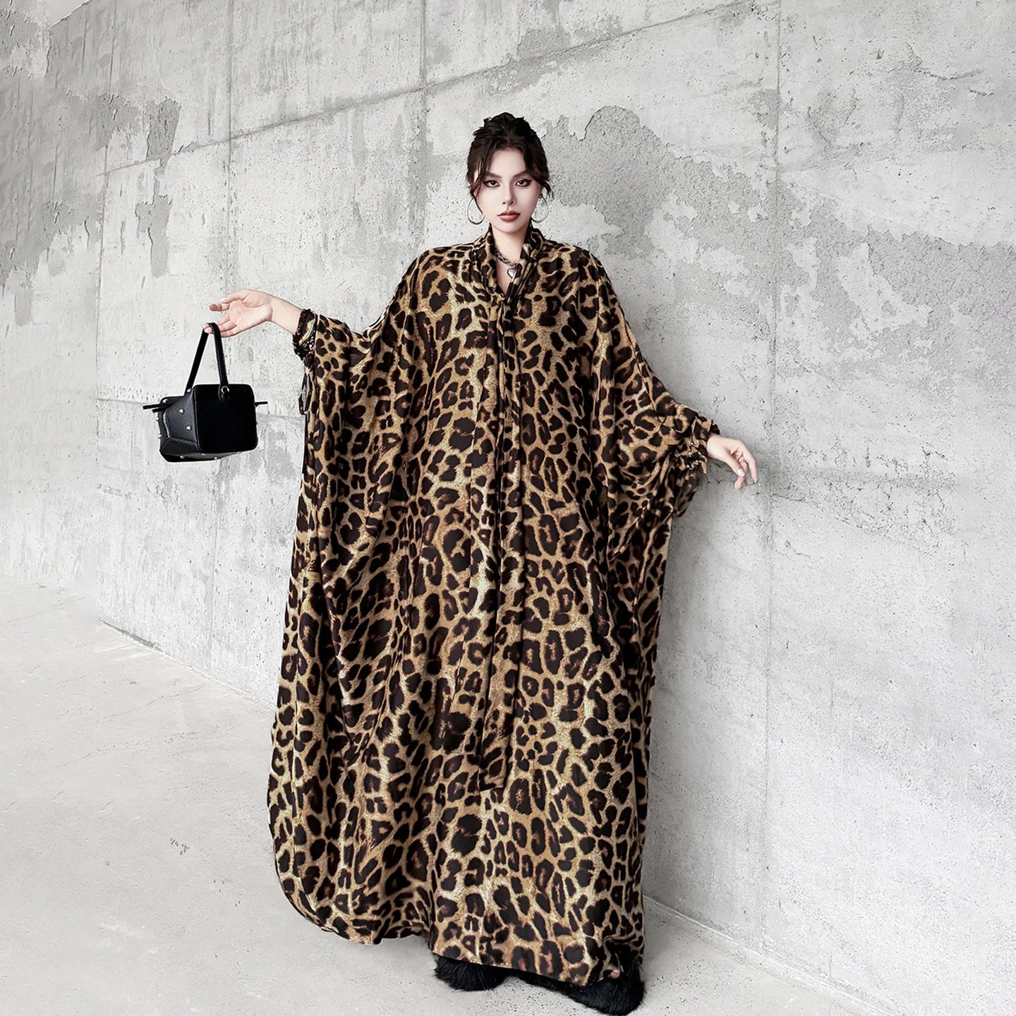 Leopard Print Loose Bat-sleeve Dress Women Summer Stand-up Collar Tie-waist Oversize Slimming Casual Long Dress XY420