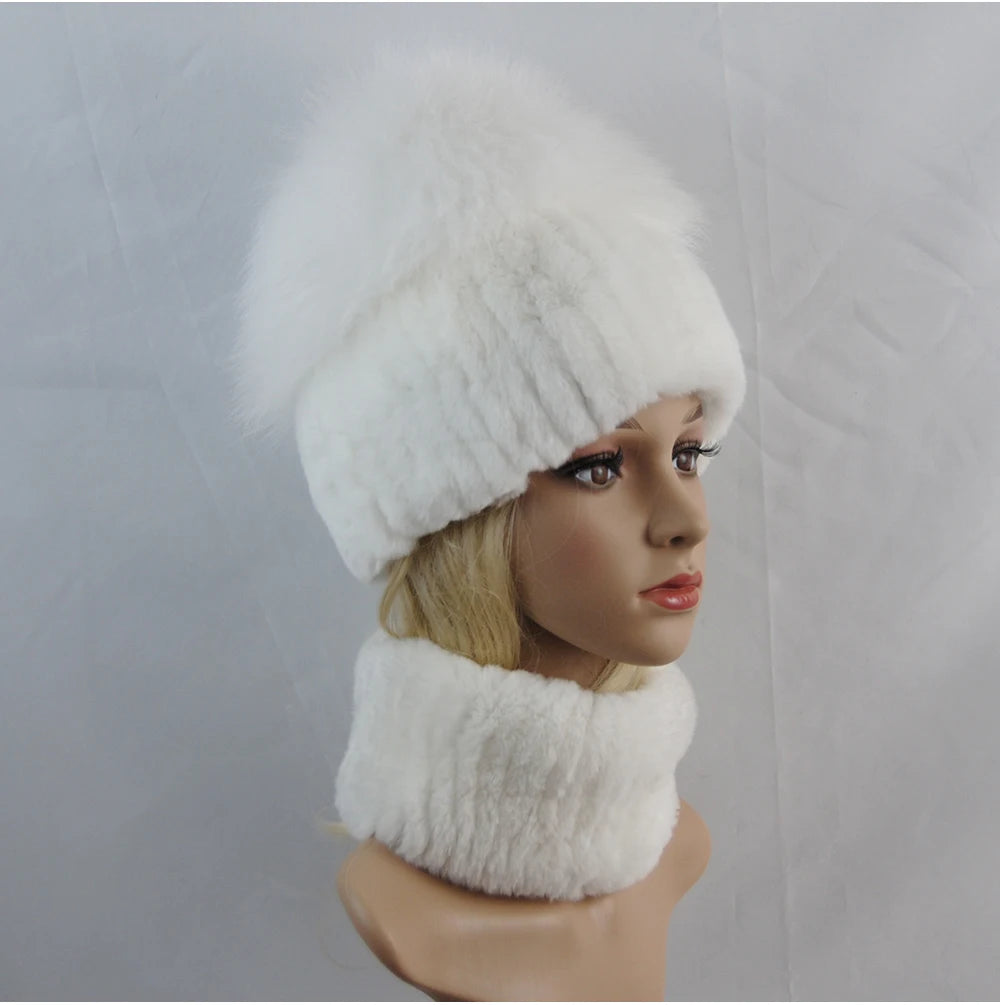 New Winter Lady Brand Hand Make Real Genuine Fox Fur Hat Scarf Girls Natural Real Rex Rabbit Fur Ring Cap Real Fur Scarves Hats