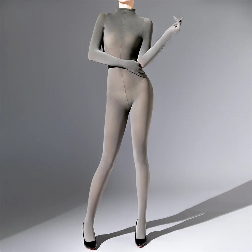 Plus Size Sexy Women 120D Five Finger Glove Sleeve Bodysuit Seamless Tight Warm High Elastic Shaping Cosplay Unisex Fit Jumpsuit