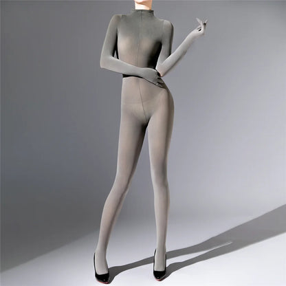 Plus Size Sexy Women 120D Five Finger Glove Sleeve Bodysuit Seamless Tight Warm High Elastic Shaping Cosplay Unisex Fit Jumpsuit