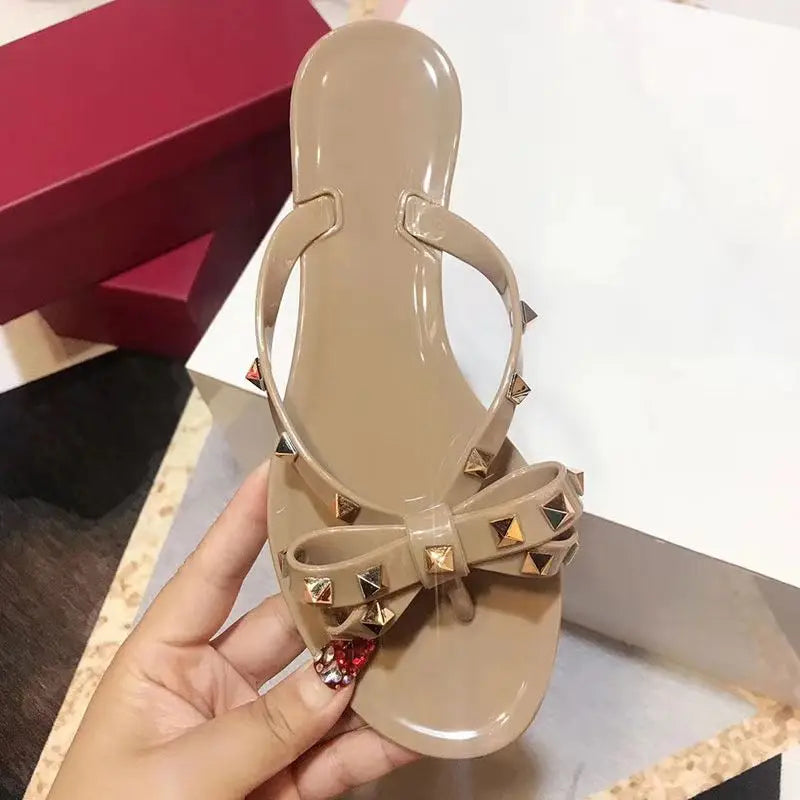 Summer Slippers Women Fashion Flip Flops Luxury Designer Female Beach Rivet Big Bow Flat Sandals Girls Jelly Shoes