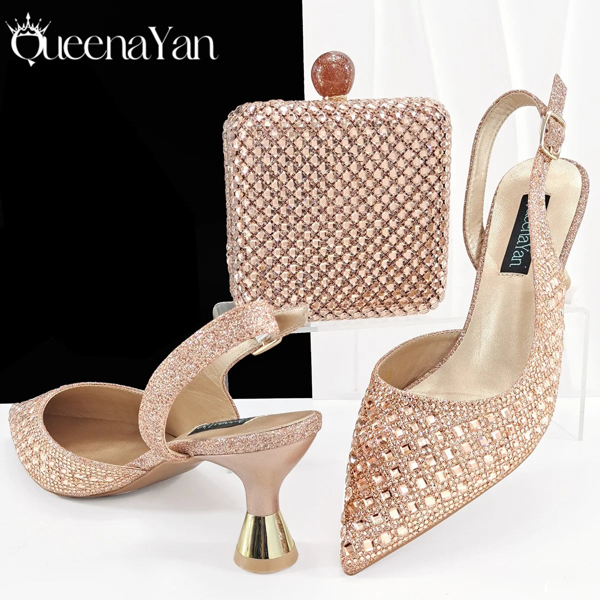 Queena Yan 2026 Italian Design Rhinestone Luxury Navy Blue Pointed Toe Shoe & Bag Set Women High Heels for Parties High Quality