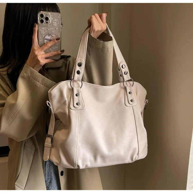 Ladies Large Capacity Brand Handbag Pu Leather Women's Retro Tote Bag Korean Fashion Shoulder Bag Winter White Zipper Handbag