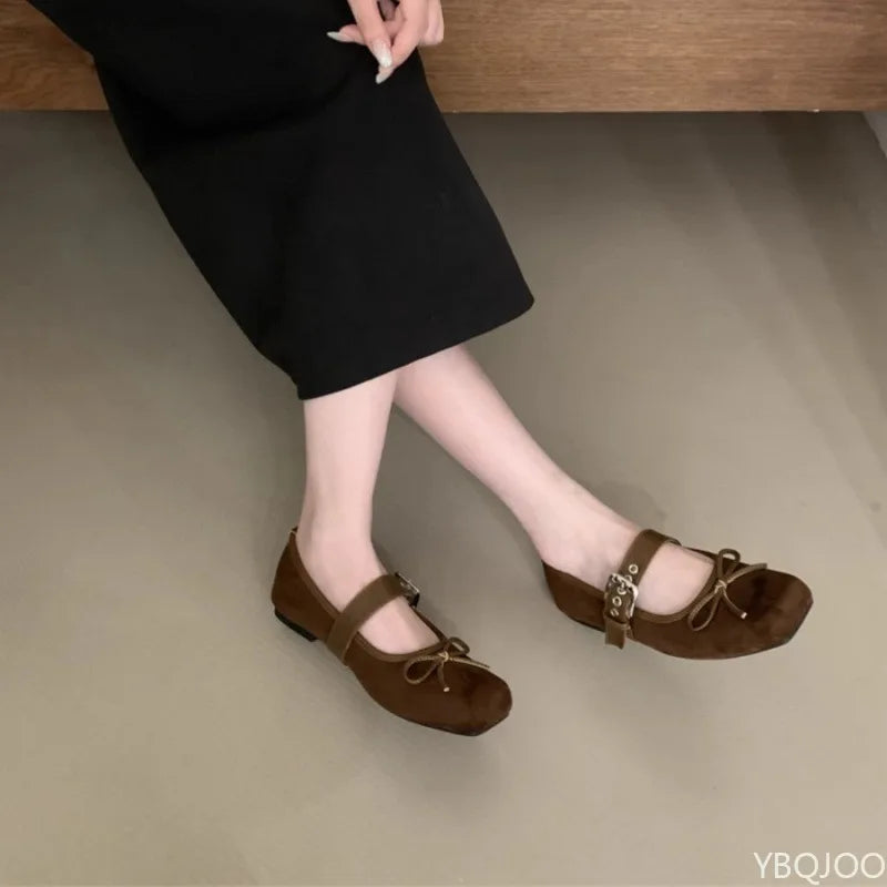 Women's square toe Shoes New Luxury Bow flats Ladies ballet silver belt buckle footwear Elegant fashion Mary Jane shoes Zapatos