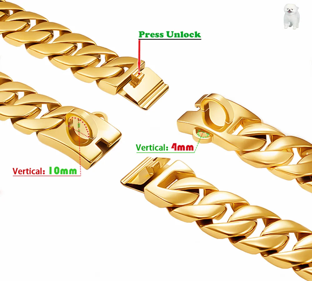 Gold Large Dog Collar 32mm Stainless Steel Metal Pet Choker for Labrador Rottweiler Cane Corso American Bully Dog Accessories