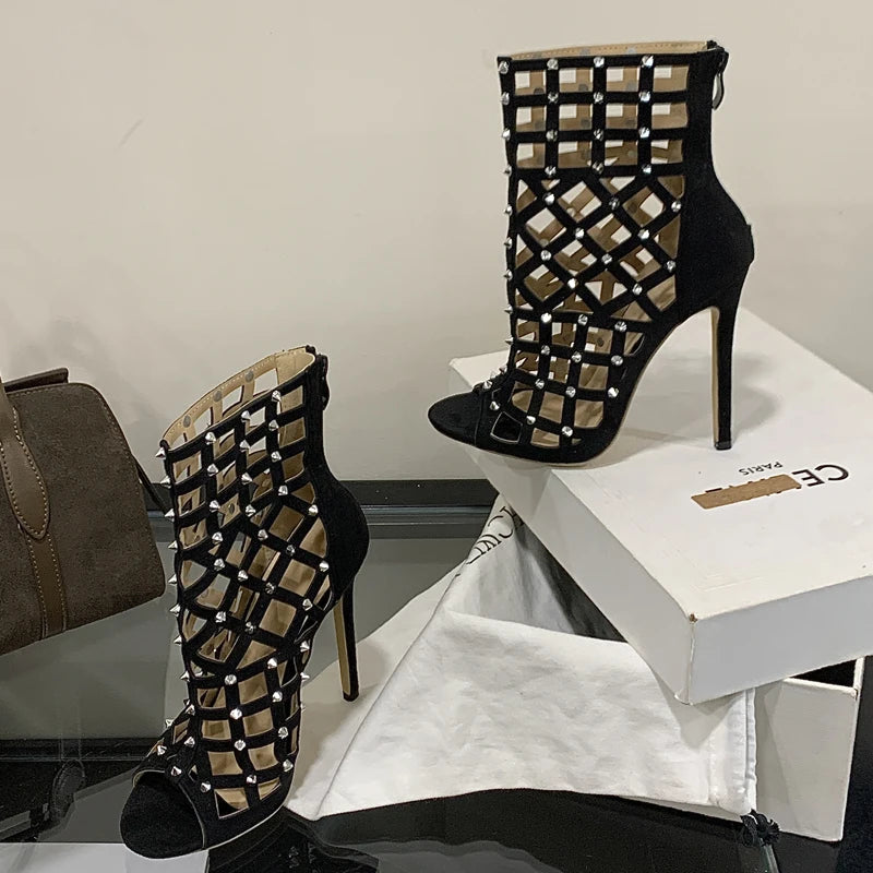 Eilyken 2026 New Street Design Rivet Hollow Out Zipper Ankle Boots Women Sandals Thin Heels Prom Ladies Shoes Botas Mujer
