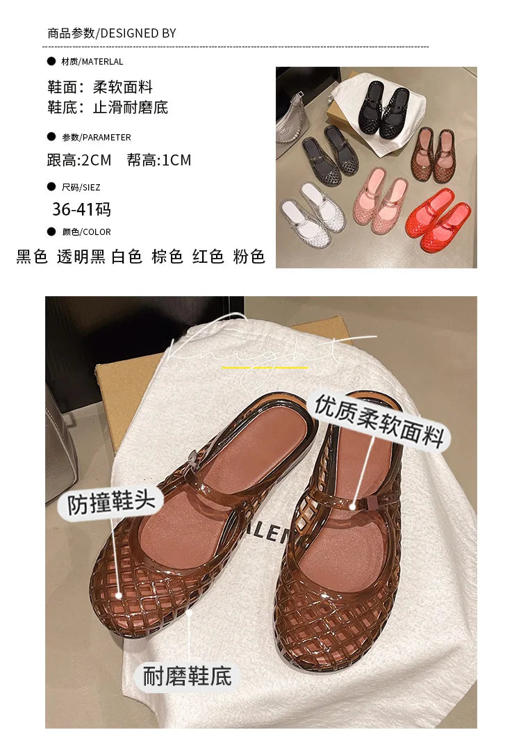 Women's Light Luxury Crystal Jelly Mary Jane Flat Sandals Hollow-out Breathable Closed Toe Summer Casual Non-slip Slip-on Shoes
