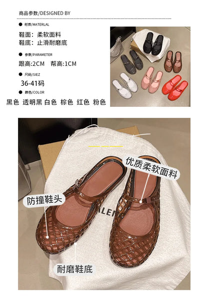 Women's Light Luxury Crystal Jelly Mary Jane Flat Sandals Hollow-out Breathable Closed Toe Summer Casual Non-slip Slip-on Shoes
