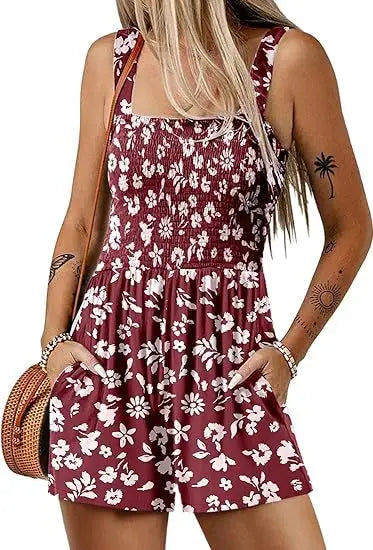 Femmes Print Jumpsuit Fashion Boho Beach Party Jumpsuits Lady Casual Sleeveless Pockets High Waist Shorts Jumpsuits Summer New