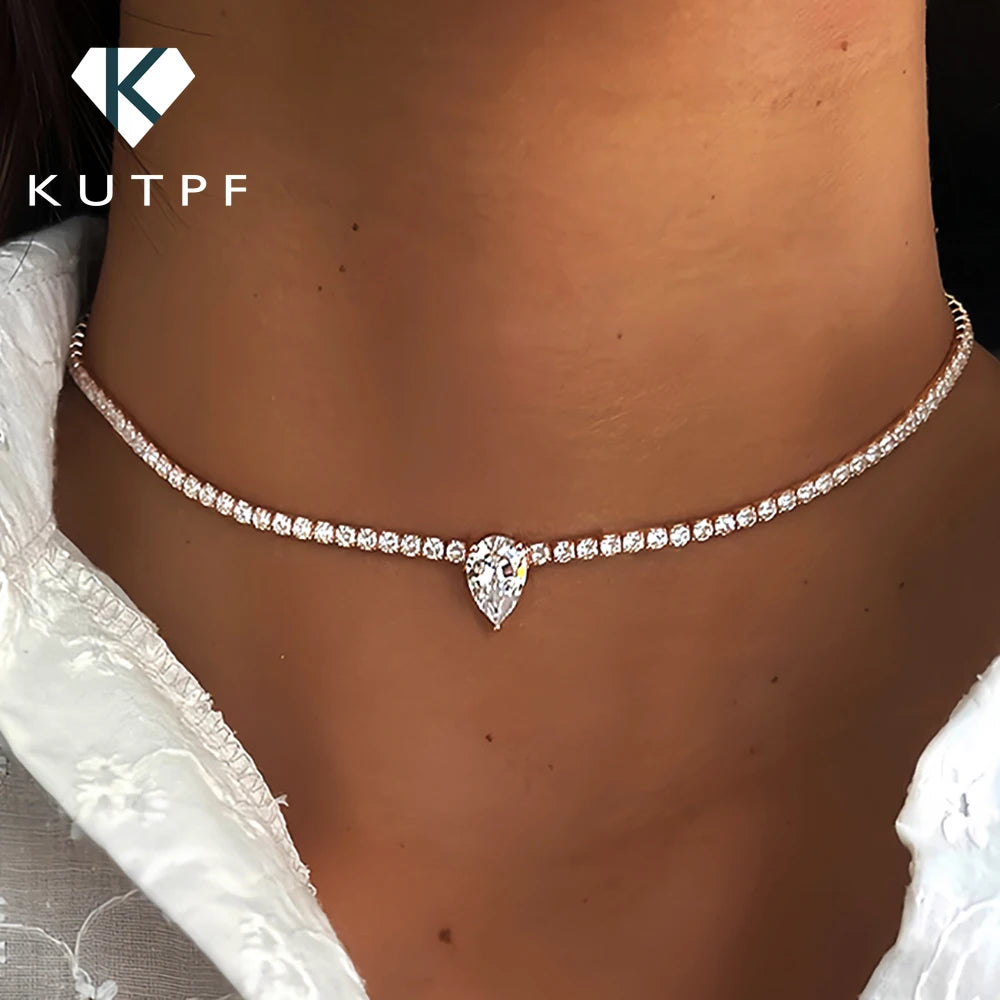 Certified Full Moissanite Riviera Tennis Necklace with Waterdrop Diamond Pendant for Women 925 Sterling Silver Adjustable Choker