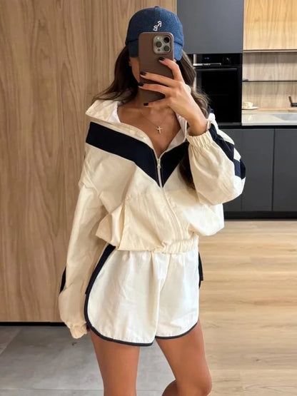 Chevron Stripe Windbreaker Tracksuit Women Casual Zip Cropped Jacket Contrast Trim Shorts Suit Lady Daily Jogging Street Outfit