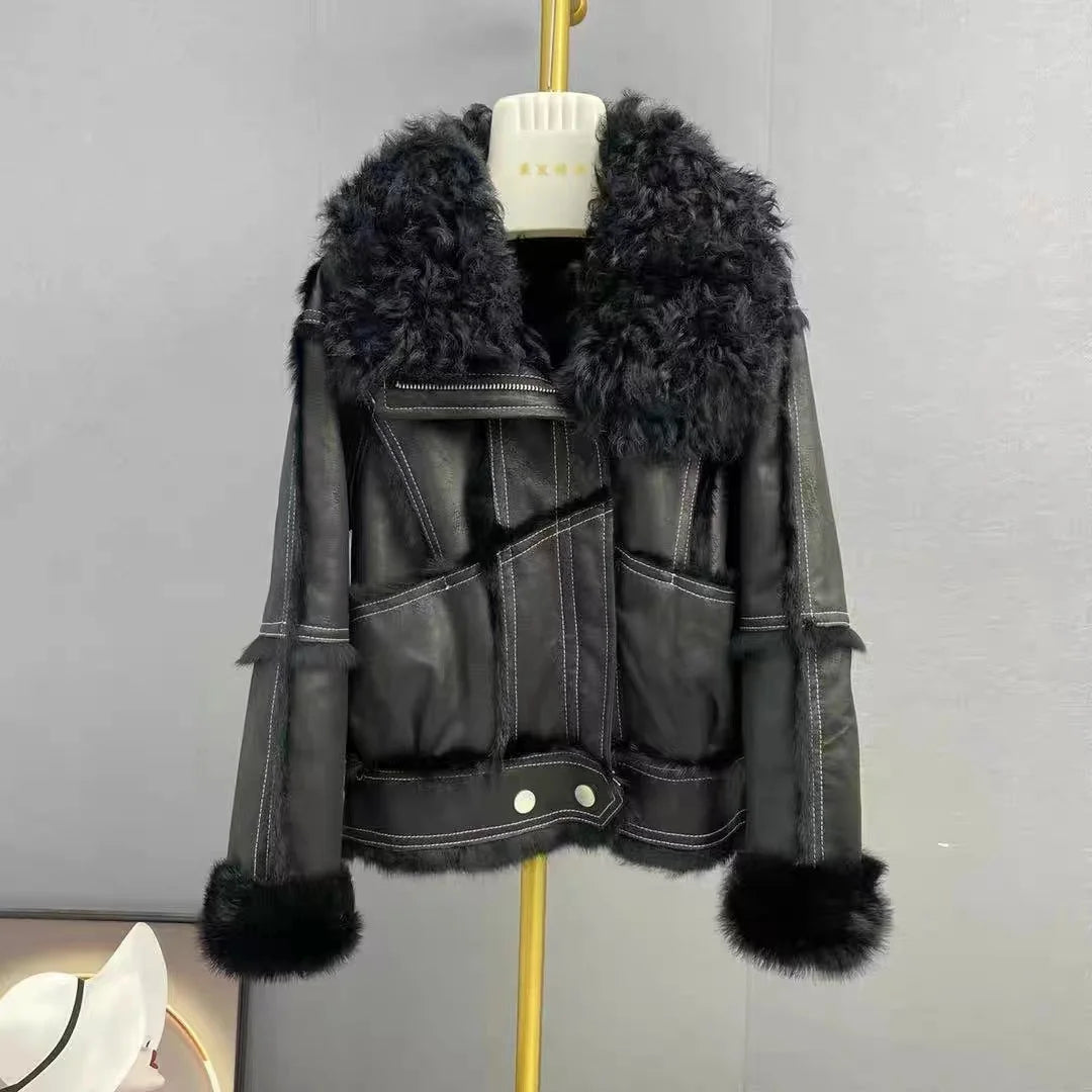 Real Rex rabbit fur Coats With Genuine Sheepskin Leather Wholeskin Natural rabbit fur Jacket Outwear Luxury Women  Winter New