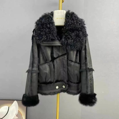 Real Rex rabbit fur Coats With Genuine Sheepskin Leather Wholeskin Natural rabbit fur Jacket Outwear Luxury Women  Winter New