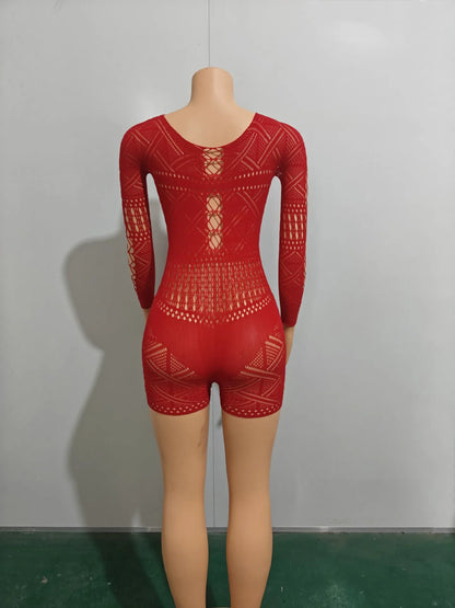 HBLL Sexy Sheer Mesh Playsuit Women Rompers Long Sleeve Hollow Out Skinny Night Club Outfit One Pieces Jumpsuit Shorts Bodysuit