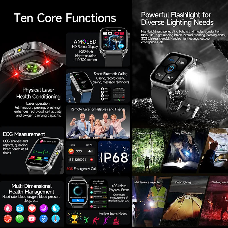 2026 New Health Smart Watch Laser Therapy Reduce Three Highs Blood Oxygen Pressure Uric Acid Blood Lipid ECG Smartwatch For Man