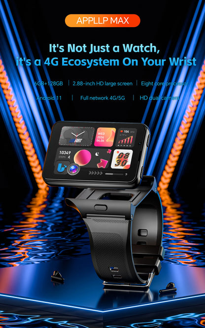 LOKMAT APPLLP MAX 4G Smart Watch Android 11 OS 6GB Ram 128GB Rom MTK6765 Octa Core CPU 2.88" Large Detachable Screen GPS Compass