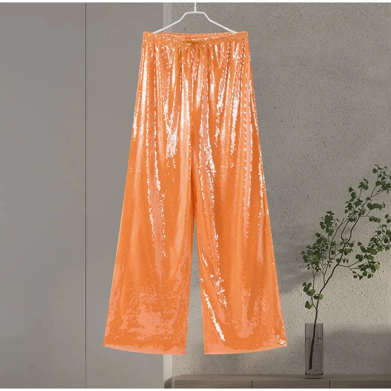 Elegant Sequined Women's Trouser Mid-Waist Lace Up Straight Mop Pants 2026 Summer Autumn Fashion Female All-Match Bottom